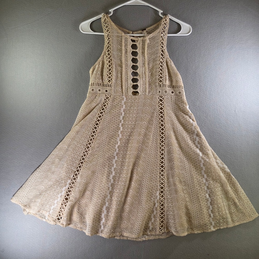 Free People Wherever You Go Tan Lace Mini Dress Sleeveless Cutout Size 0 Boho